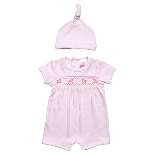 Baby Girls Pink Smock Rocking Horses Romper And Hat